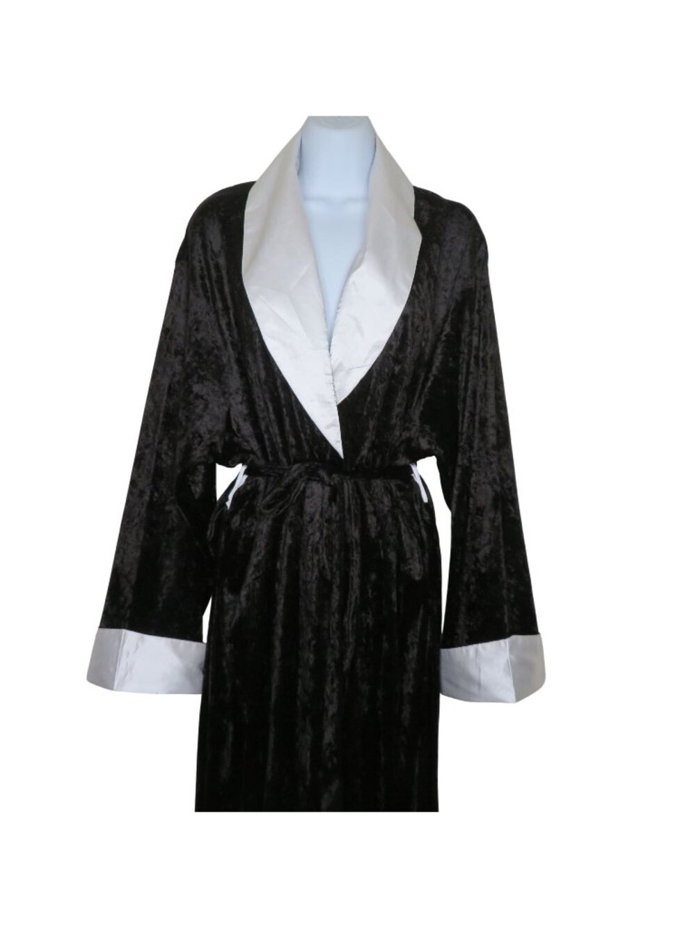 Vintage Audrey Lane Black Crushed Velvet Robe White Satin Trim Womens XL Belted